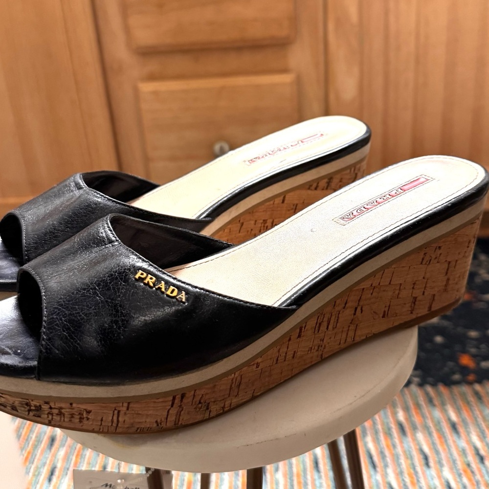 Prada Black Leather Wedge Mules
